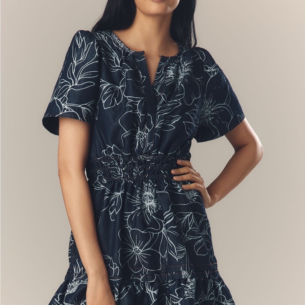 Anthropologie Denim Navy Floral Mini Dress